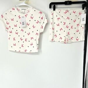 Xhilaration Women's White & Pink Bow-Print Short PJ Set